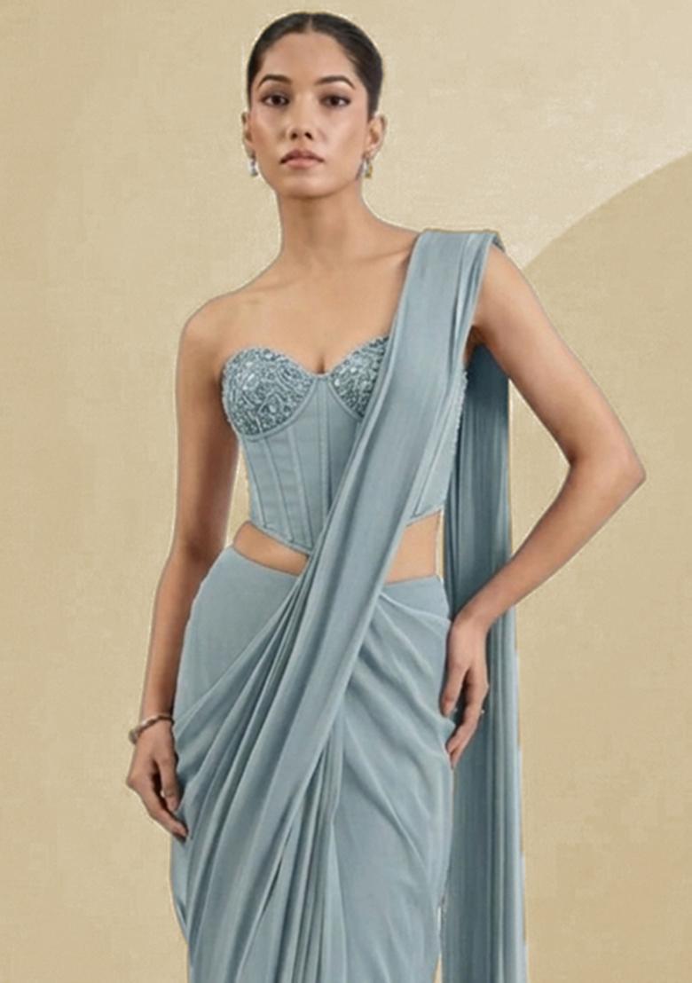 Mist Grey Georgette Handwork Pre Draped Saree Set - Indya