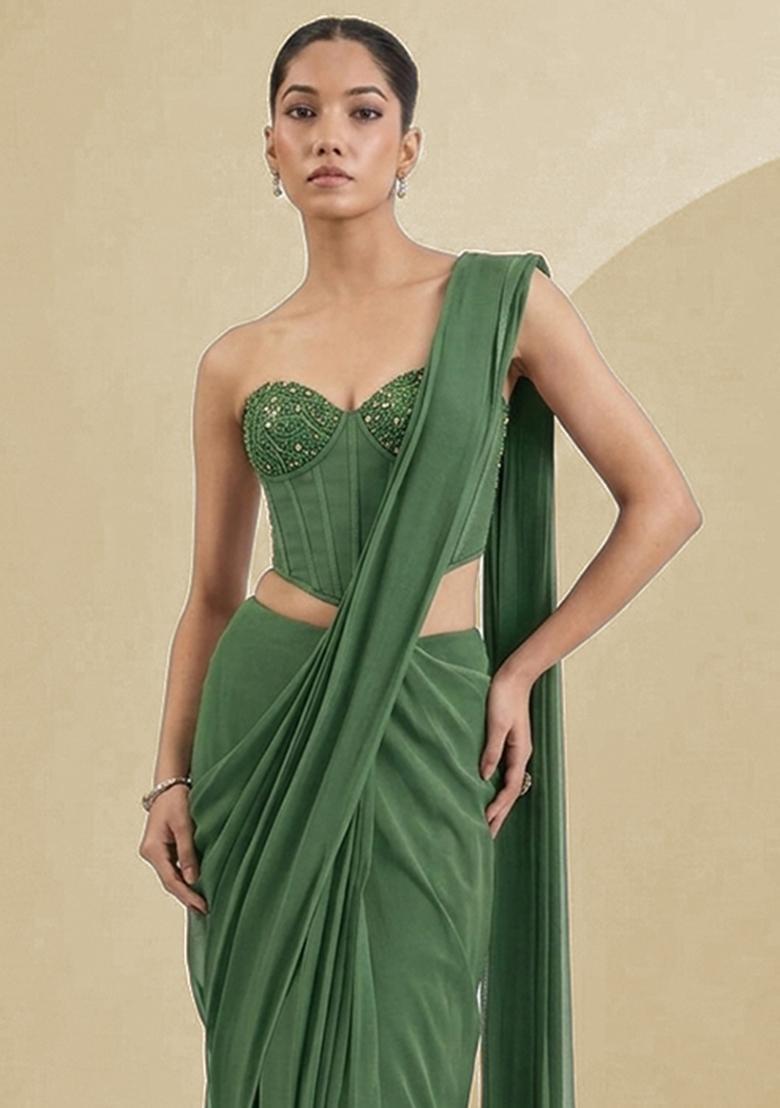 Sage Green Georgette Handwork Pre Draped Saree Set - Indya