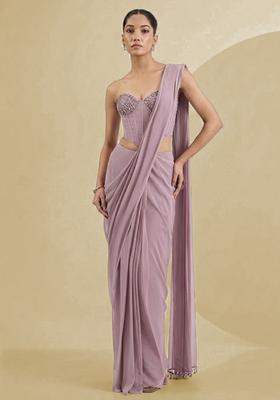 Pink Georgette Handwork Pre Draped Saree Set