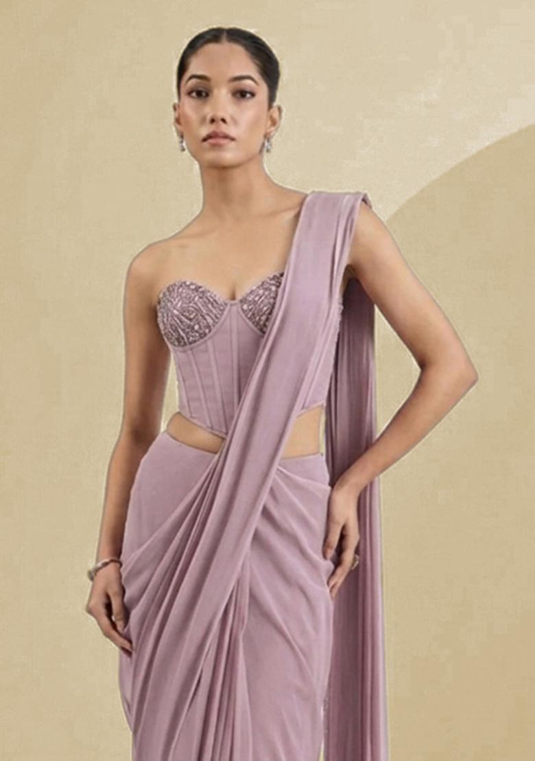 Pink Georgette Handwork Pre Draped Saree Set - Indya
