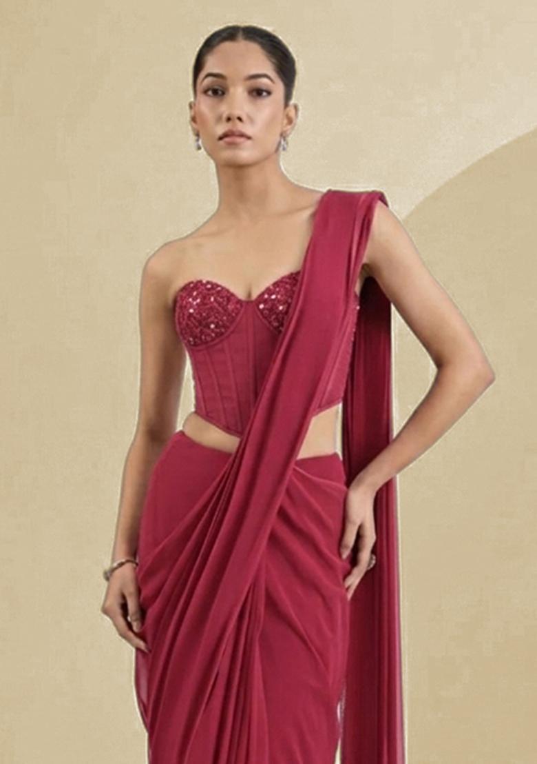 Wine Georgette Handwork Pre Draped Saree Set - Indya