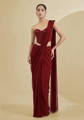 Brown Georgette Handwork Pre Draped Saree Set