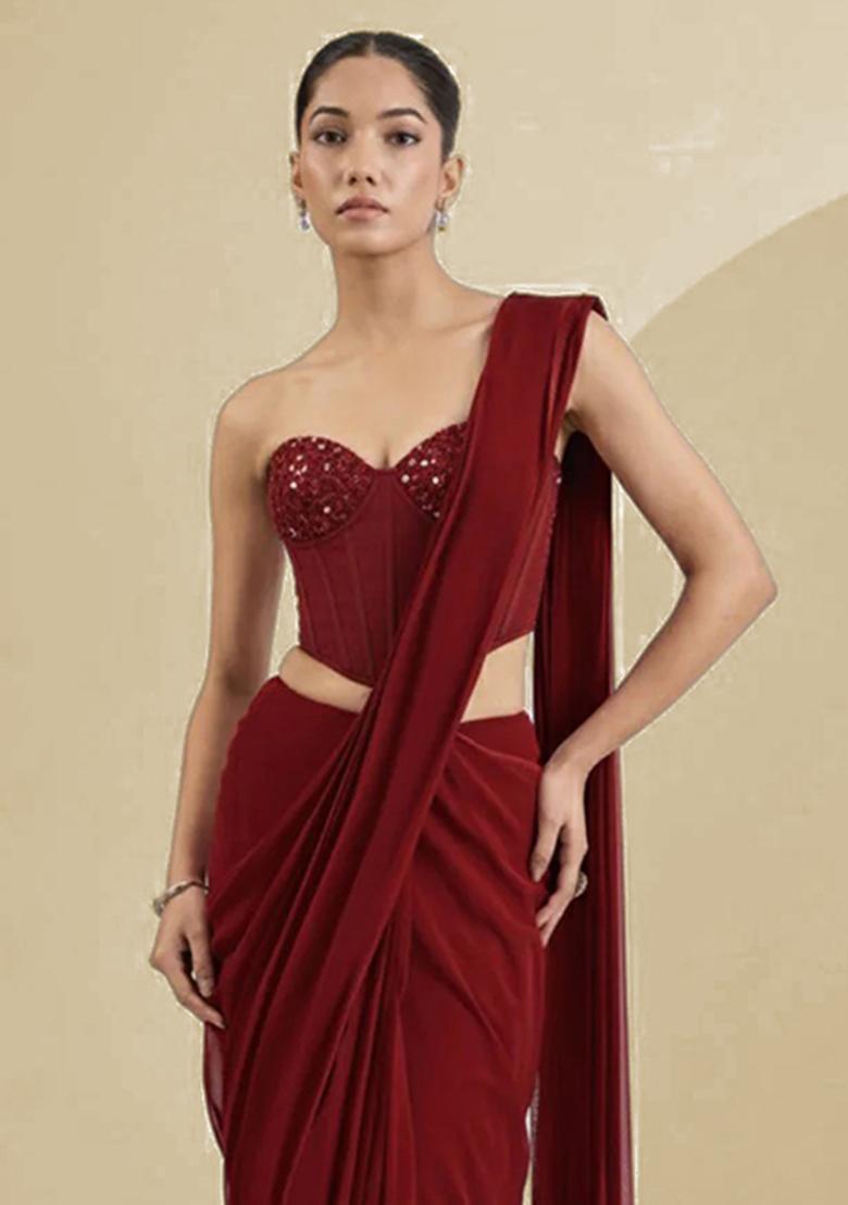 Brown Georgette Handwork Pre Draped Saree Set - Indya
