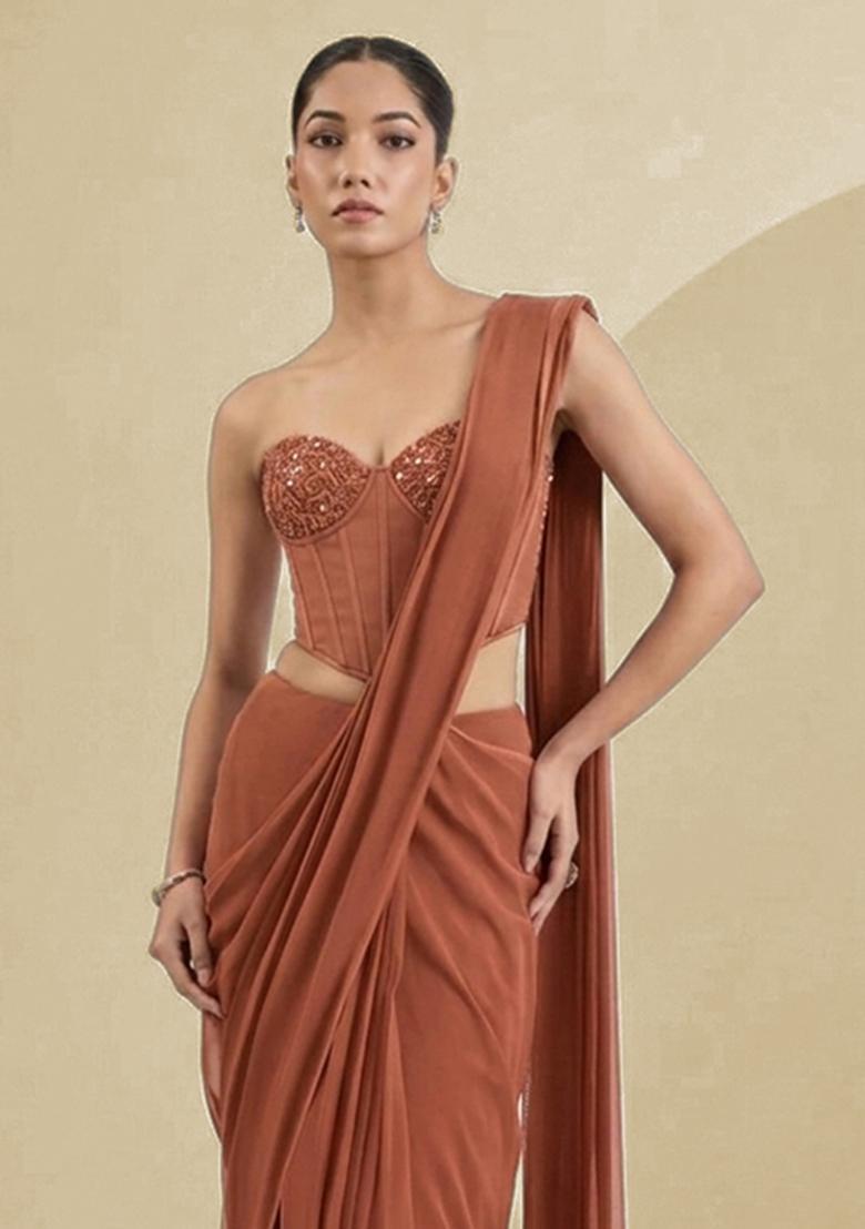 Brown Georgette Handwork Pre Draped Saree Set - Indya