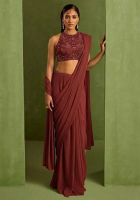 Brown Crepe Handwork Pre Draped Saree Set
