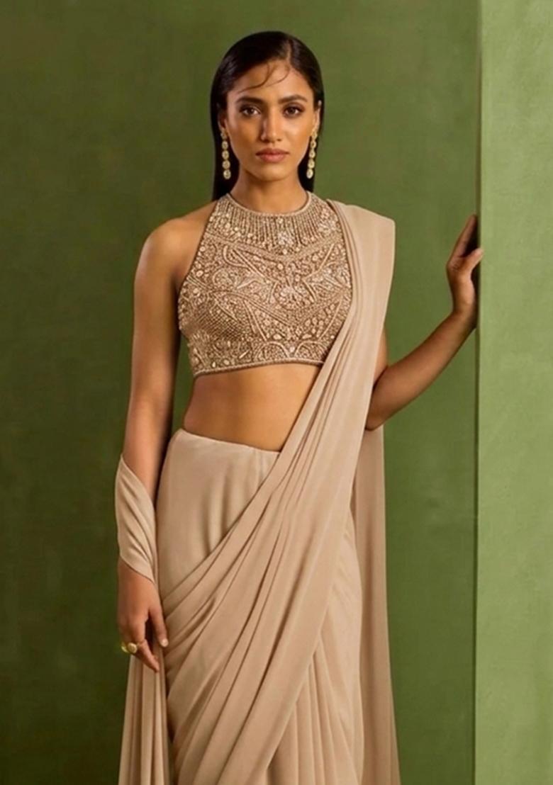 Beige Crepe Handwork Pre Draped Saree Set - Indya