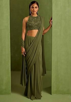 Olive Green Crepe Handwork Pre Draped Saree Set