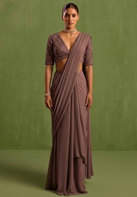 Mauve Georgette Handwork Pre Draped Saree Set