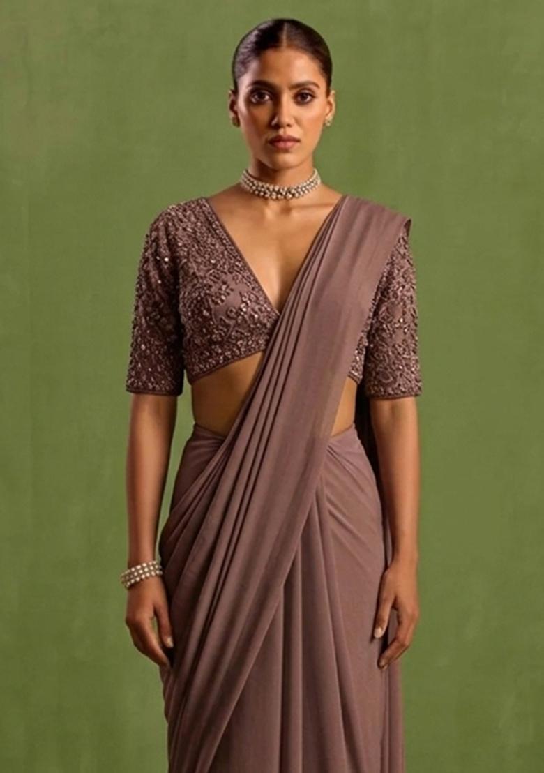 Mauve Georgette Handwork Pre Draped Saree Set - Indya
