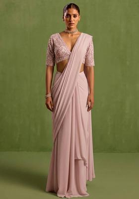 Pink Georgette Handwork Pre Draped Saree Set