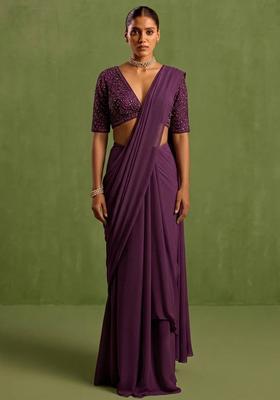 Wine Georgette Handwork Pre Draped Saree Set
