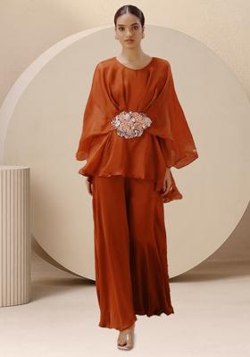 Brown Organza Handwork Fusion Set