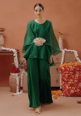 Bottle Green Organza Handwork Fusion Set
