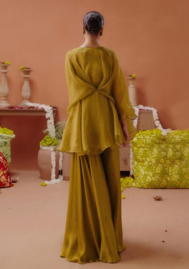 Olive Green Organza Handwork Fusion Set - Indya