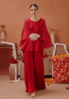 Red Organza Handwork Fusion Set