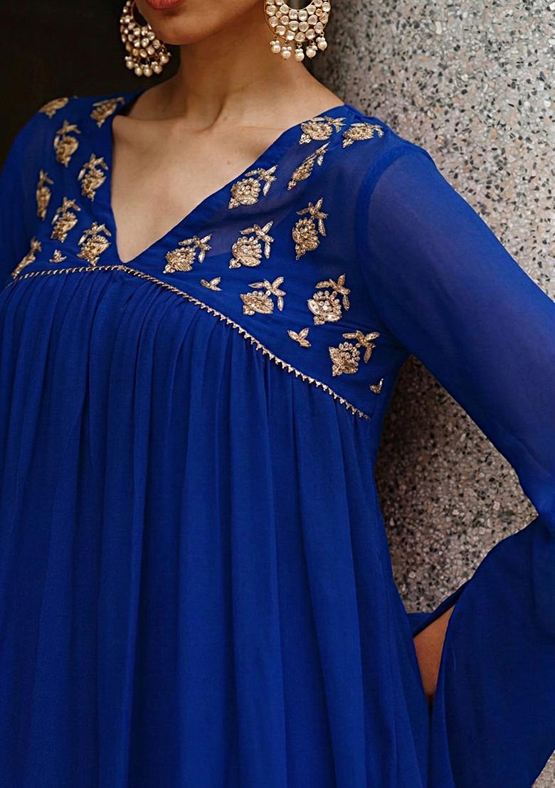 Royal Blue Crepe Handwork Fusion Set - Indya