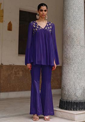 Navy Blue Crepe Handwork Fusion Set