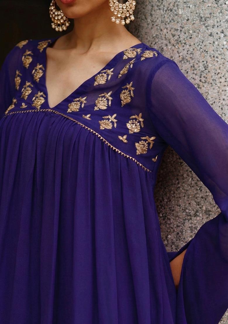 Navy Blue Crepe Handwork Fusion Set - Indya