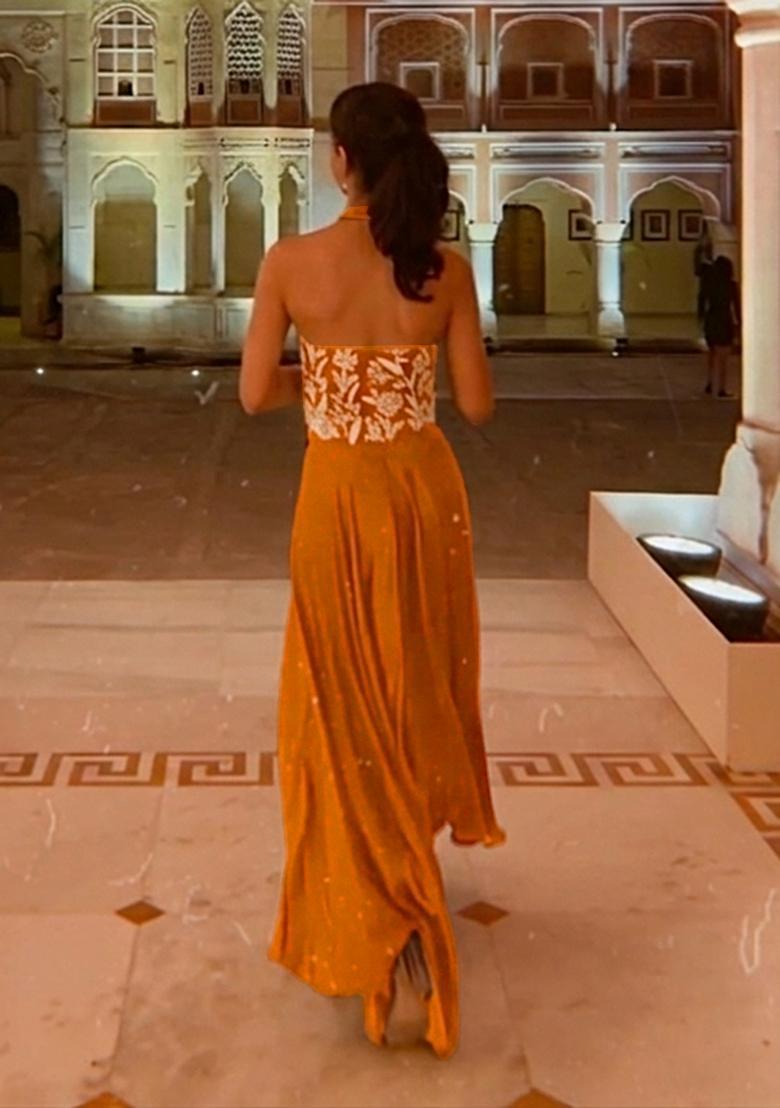 Mustard Crepe Handwork Fusion Set - Indya