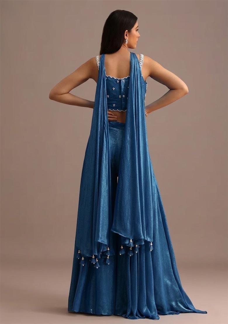 Sky Blue Georgette Handwork Fusion Set - Indya