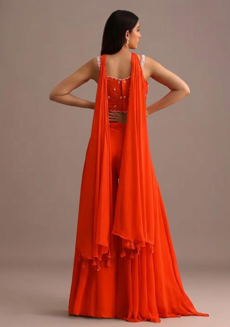 Deep Orange Georgette Handwork Fusion Set - Indya