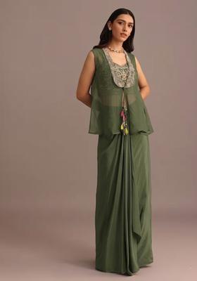 Olive Green Satin Handwork Fusion Set