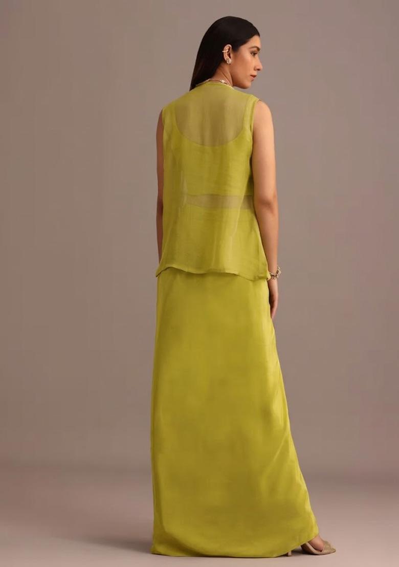 Neon Green Satin Handwork Fusion Set - Indya
