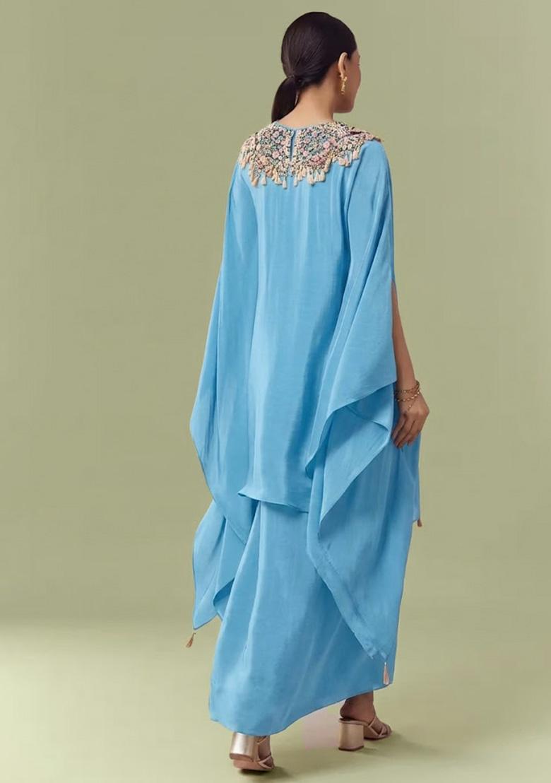Sky Blue Crepe Handwork Fusion Set - Indya