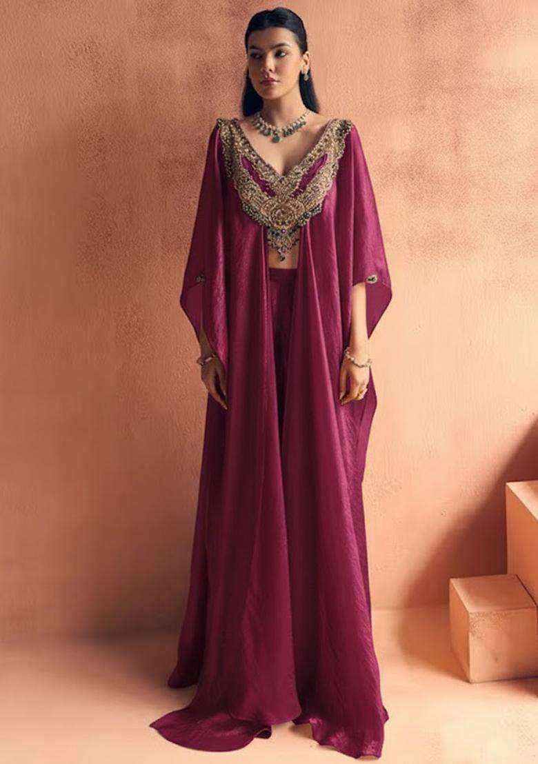 Wine Silk Blend Handwork Fusion Set - Indya