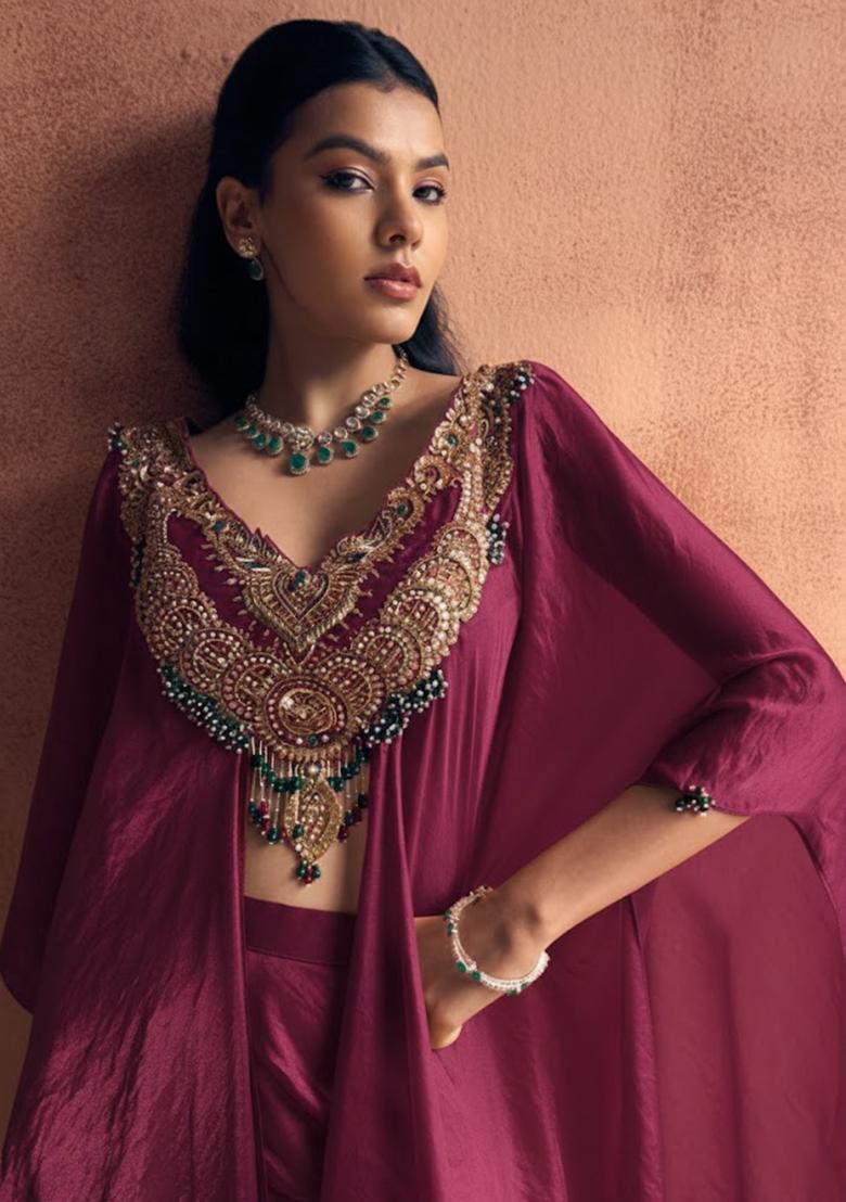 Wine Silk Blend Handwork Fusion Set - Indya