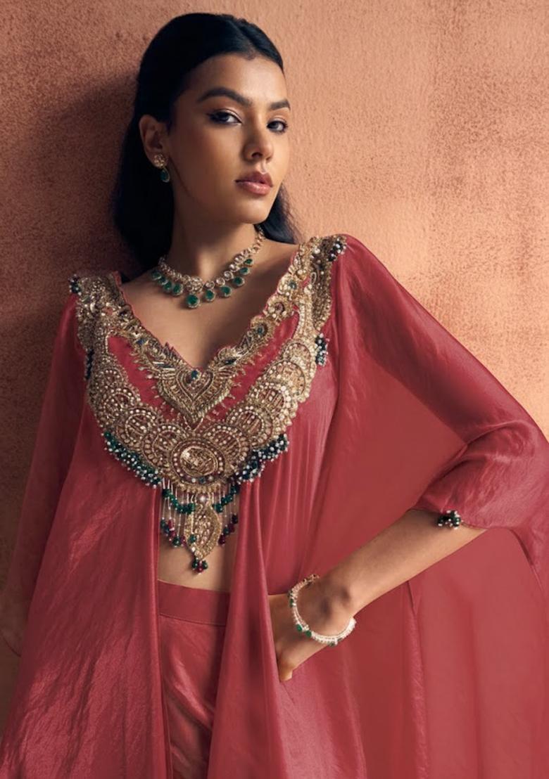 Brown Silk Blend Handwork Fusion Set - Indya