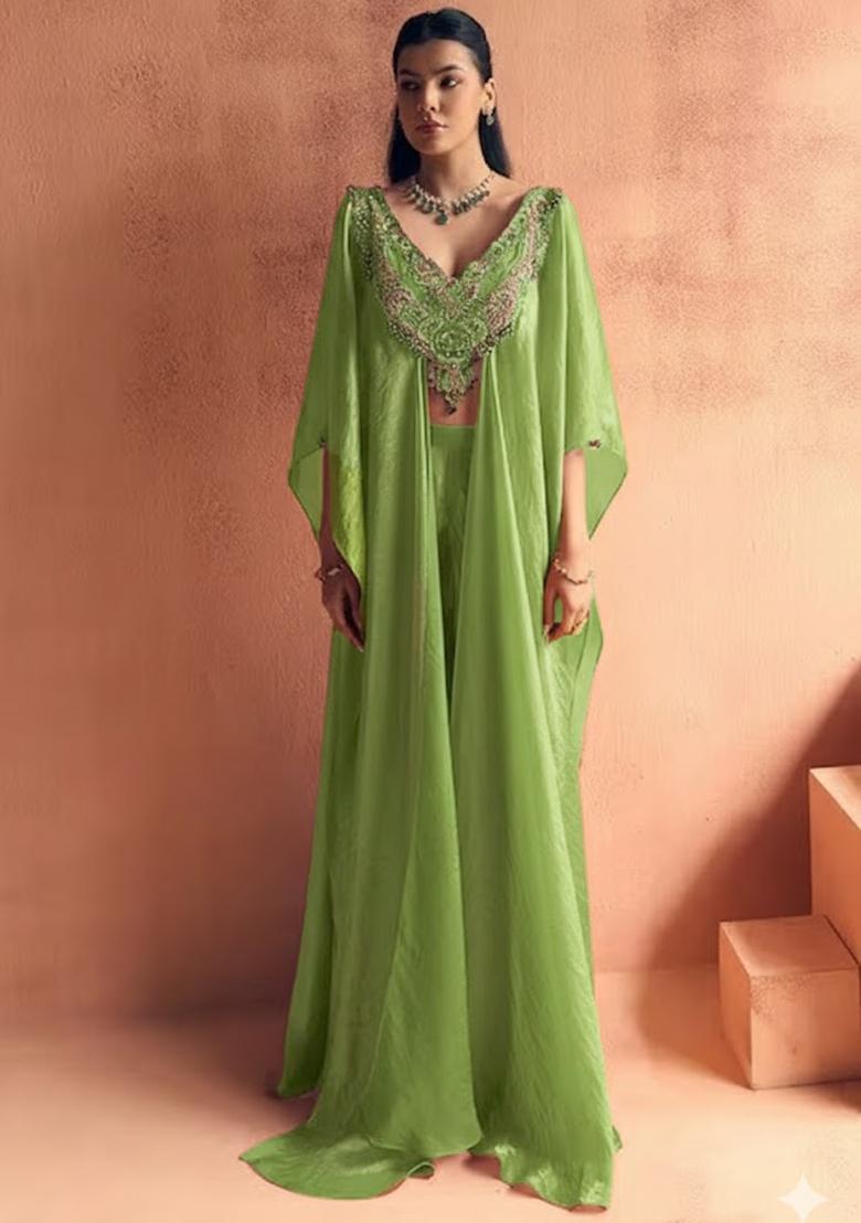 Green Silk Blend Handwork Fusion Set - Indya