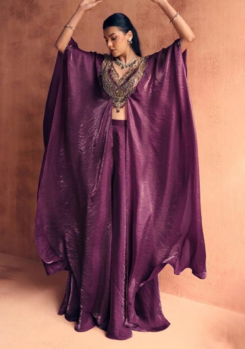Wine Silk Blend Handwork Fusion Set - Indya