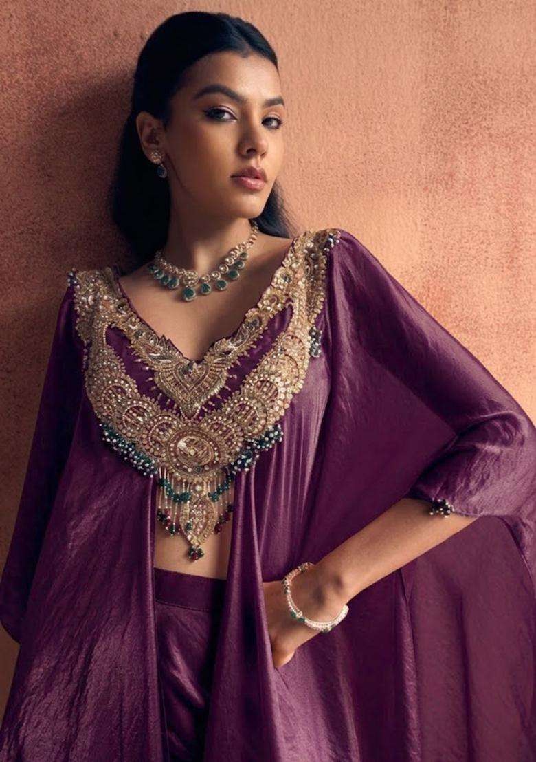 Wine Silk Blend Handwork Fusion Set - Indya