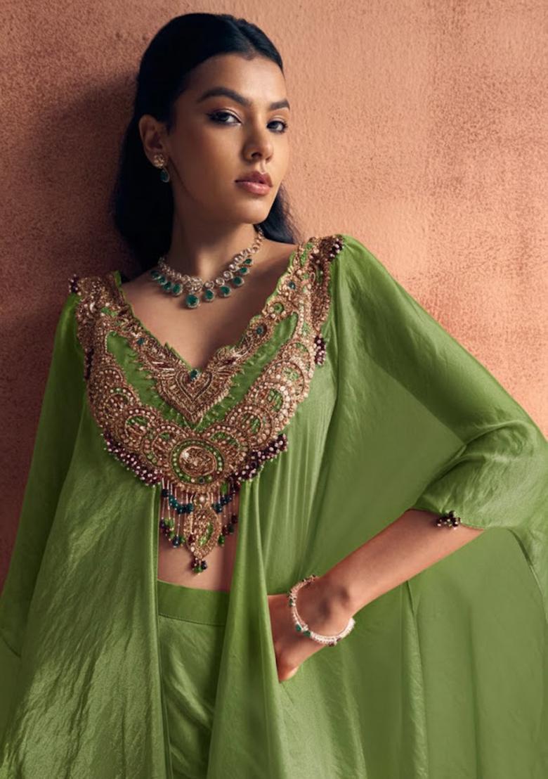 Sage Green Silk Blend Handwork Fusion Set - Indya