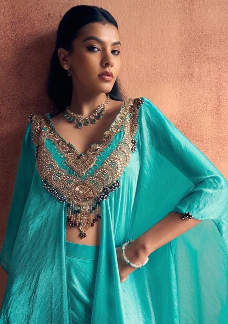 Aqua Blue Silk Blend Handwork Fusion Set - Indya