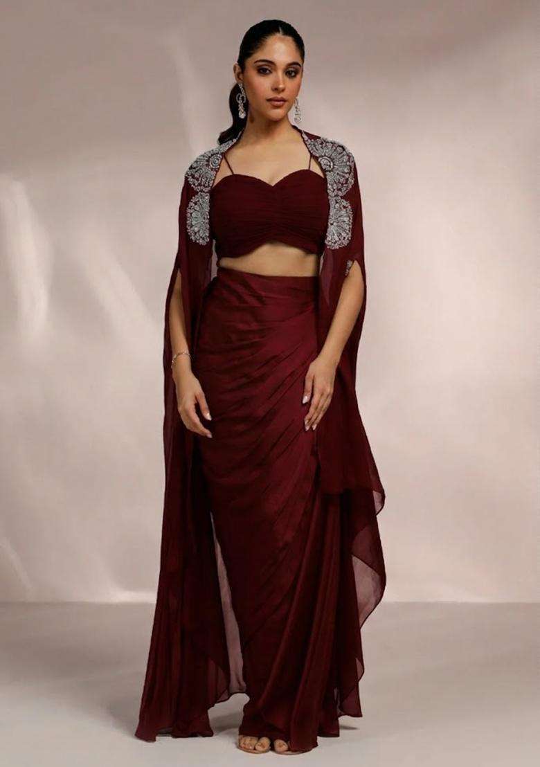Maroon Satin Handwork Fusion Set - Indya