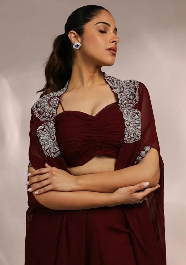 Maroon Satin Handwork Fusion Set - Indya