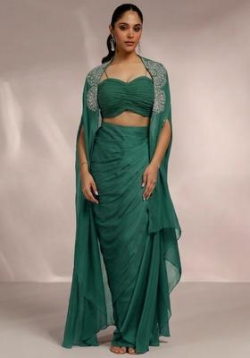 Emerald&nbsp;Green Satin Handwork Fusion Set