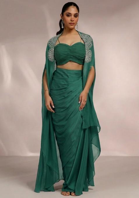 Emerald&nbsp;Green Satin Handwork Fusion Set