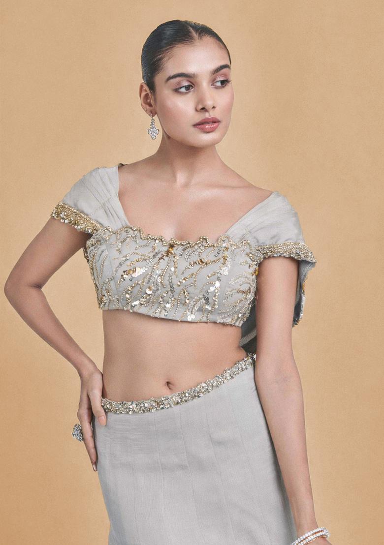 Grey Crepe Handwork Lehenga Set - Indya
