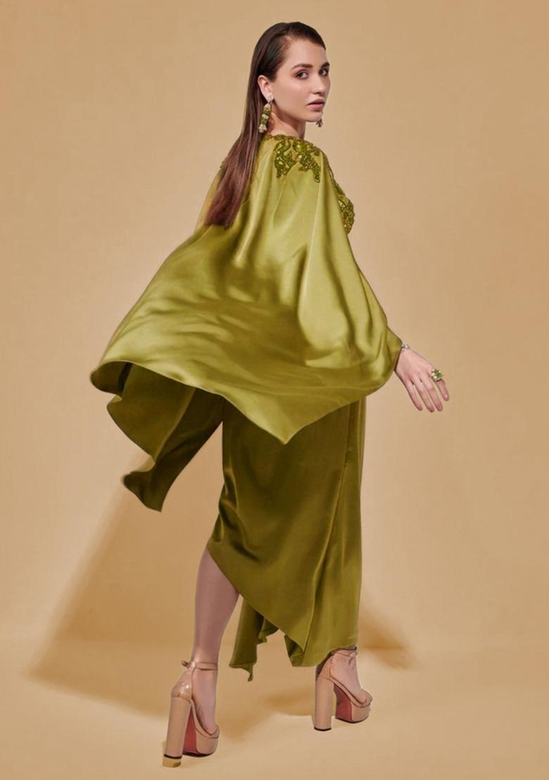 Leaf Green Satin Handwork Fusion Set - Indya
