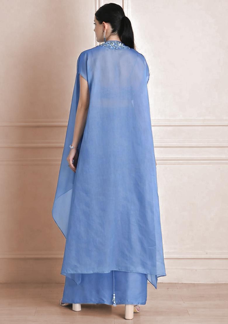 Dusty Blue Satin Handwork Fusion Set - Indya