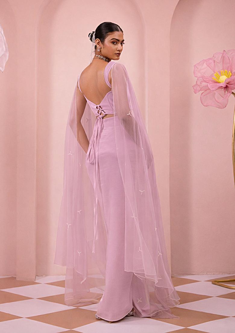 Mist Pink Satin Handwork Fusion Set - Indya