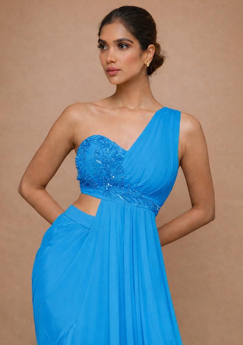 Turquoise Blue Crepe Handwork Fusion Set - Indya