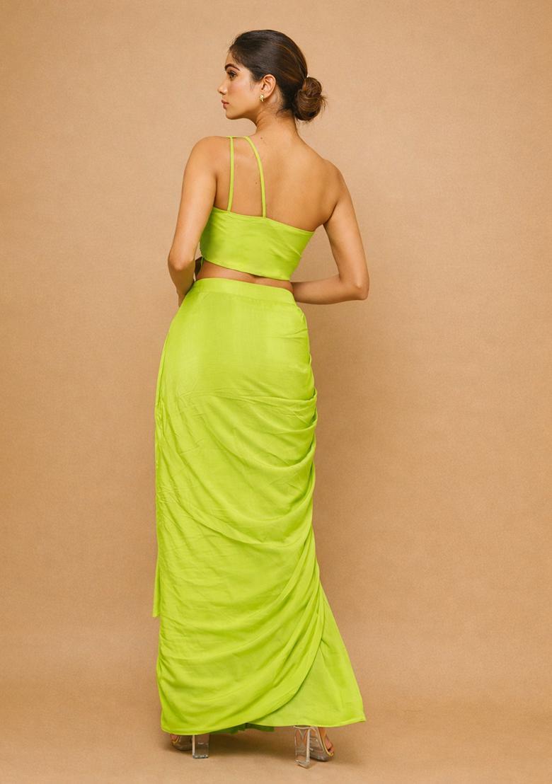 Lime Green Crepe Handwork Fusion Set - Indya