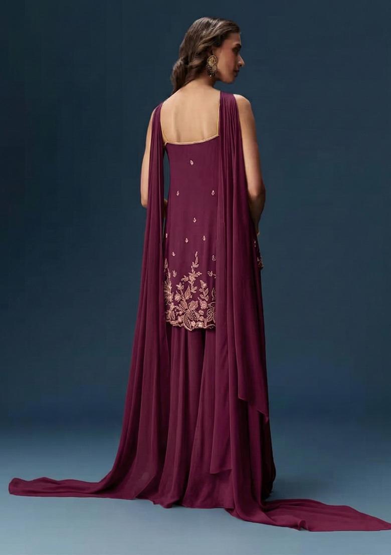 Wine Georgette Handwork Sharara Set - Indya