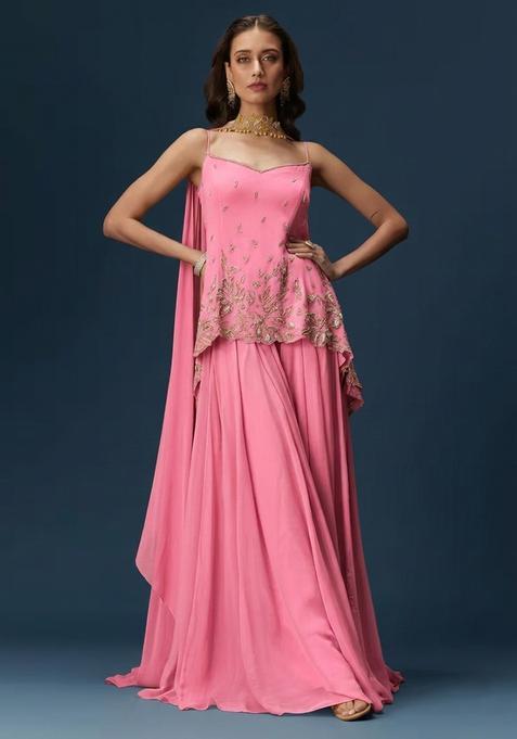 Pink Georgette Handwork Sharara Set