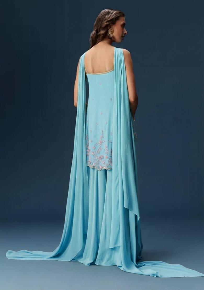 Light Blue Georgette Handwork Sharara Set - Indya