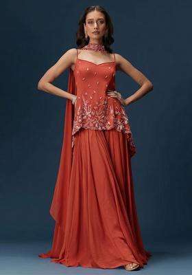 Vermilion&nbsp;Brown Georgette Handwork Sharara Set